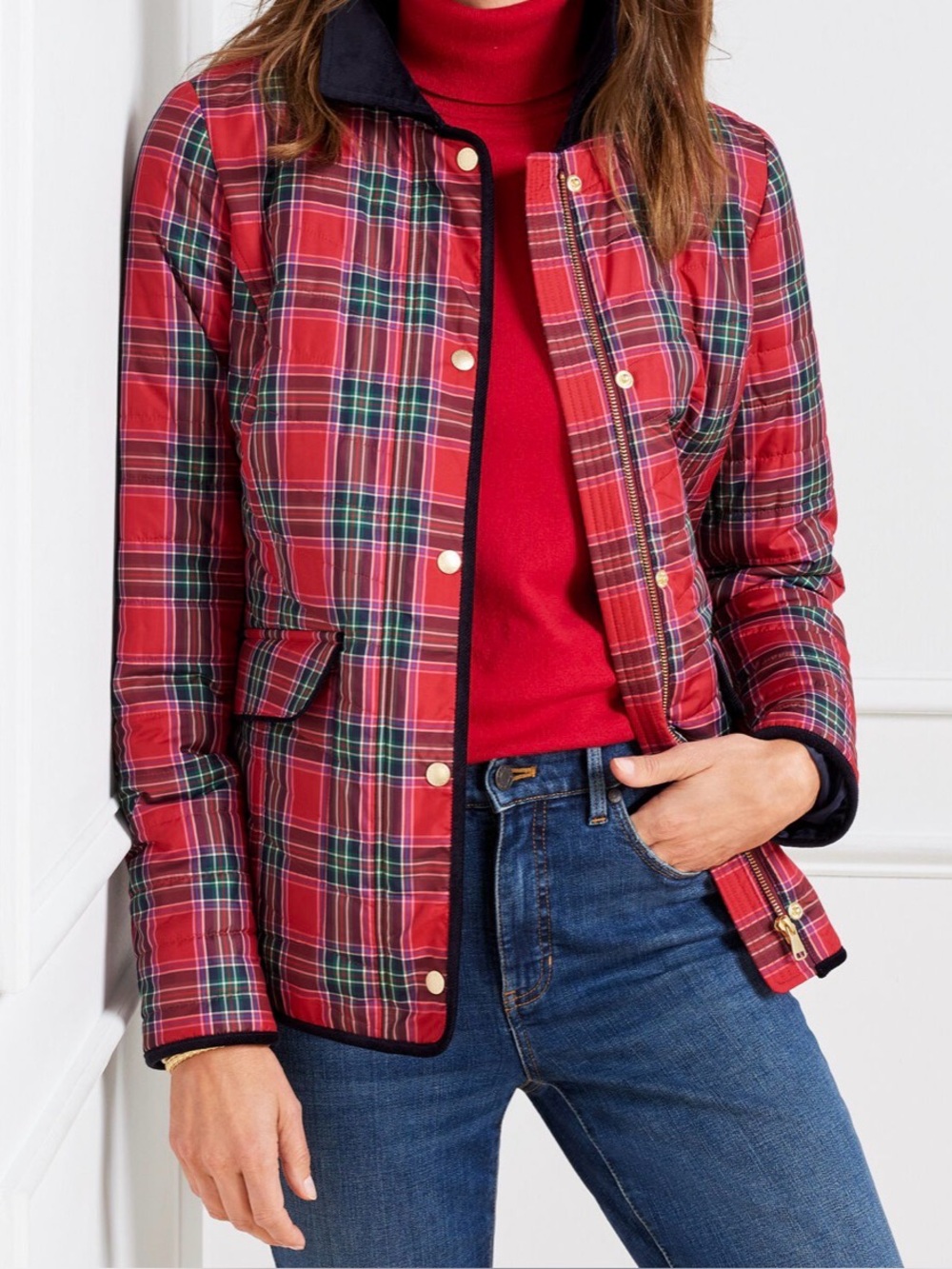 Talbots Quilted Tartan Red Plaid Barn Coat Size Medium New
